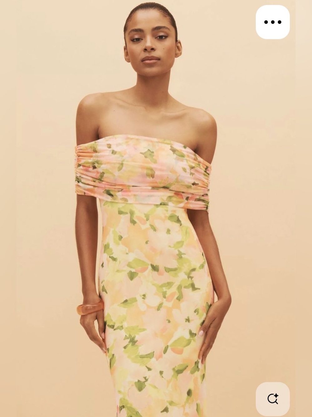 AFRM McCall Off-the-Shoulder Stretch Mesh Maxi Dress, Lime Bouquet, Size S